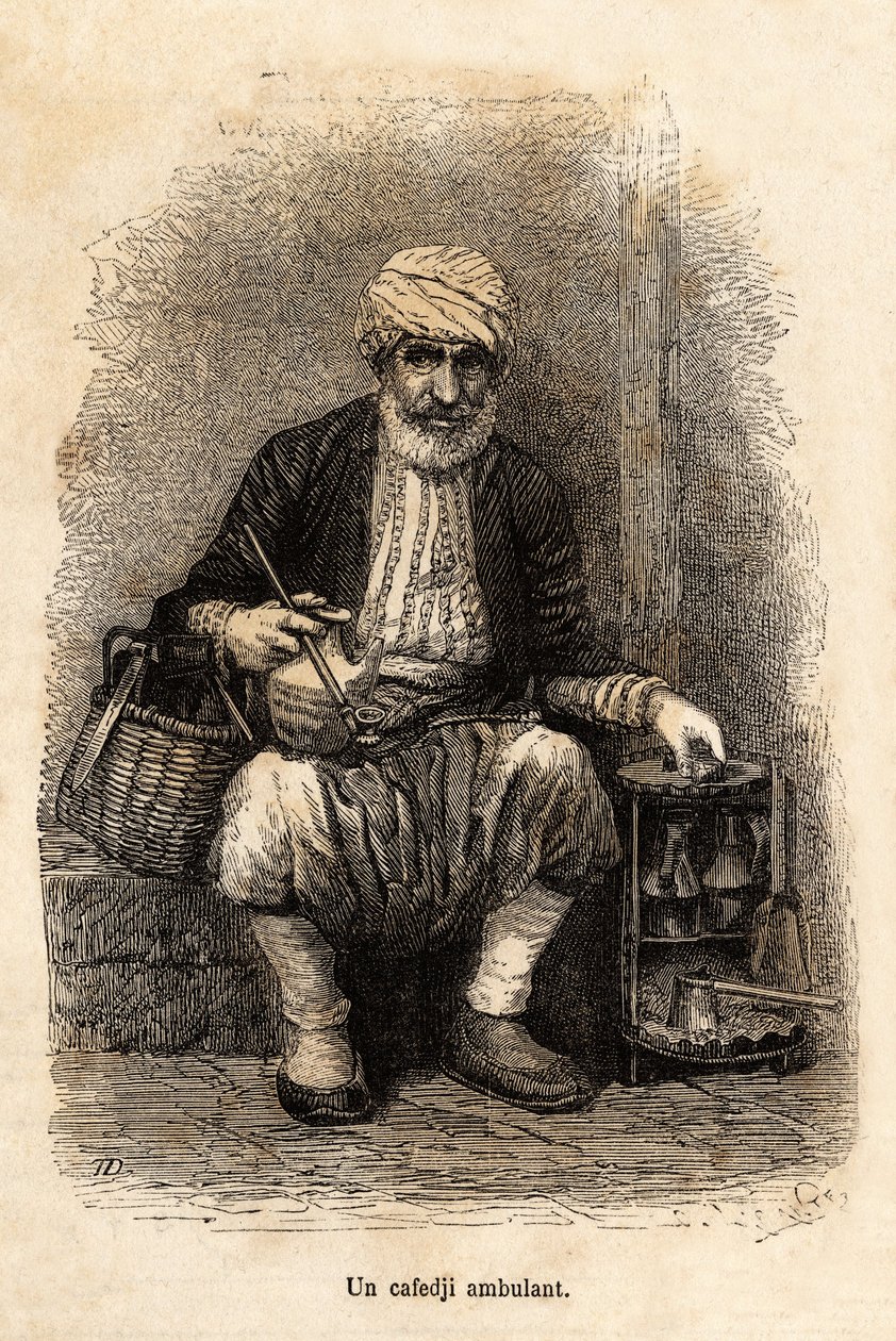 Un vendeur de café (cafedji) en voyage, dans le bazar de Trébizonde, gravure d