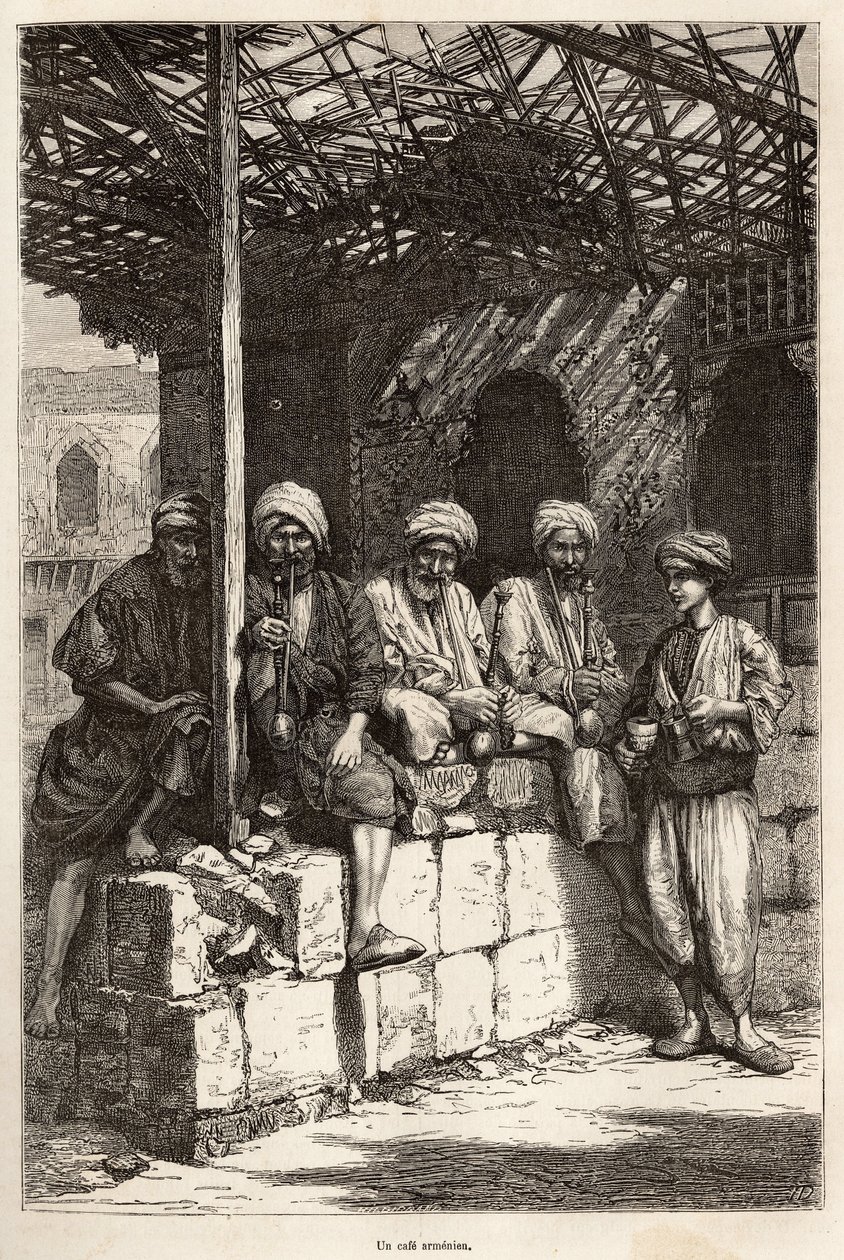 Un café arménien, lieu de convivialité masculine pour boire du café et fumer la pipe (illustration du voyage en Lazistan et Arménie, par Théophile Deyrolles, 1869, publié dans "Le tour du monde" 1875) - Theophile Louis Deyrolle