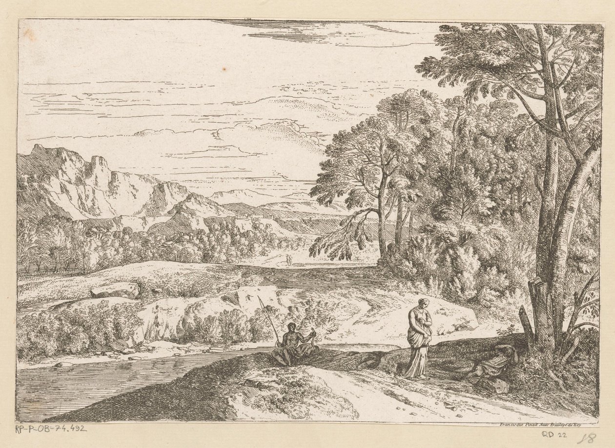 Arcadisch landschap met een een visser bij een beek - Théodore