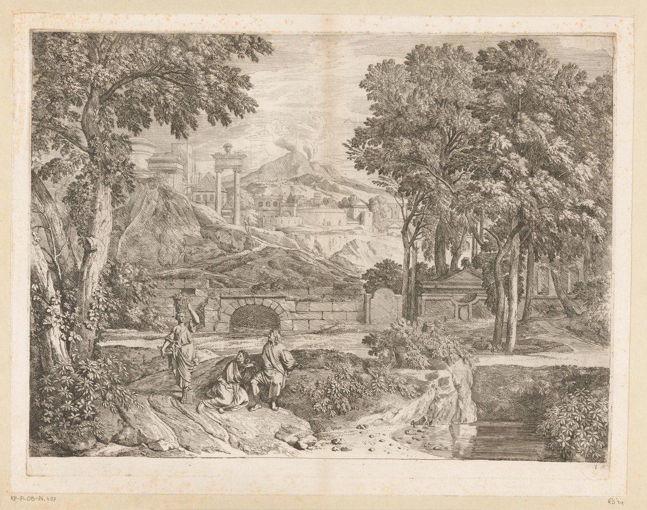Paysage arcadien avec deux hommes et une femme portant des fruits - Théodore