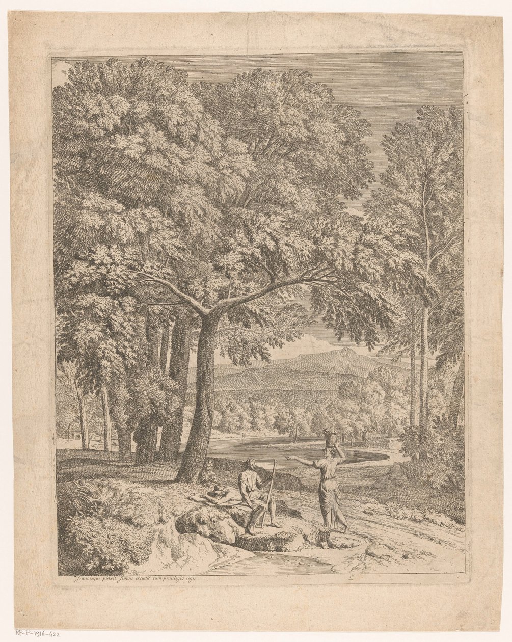 Paysage arcadien avec deux hommes et une femme portant un panier - Théodore
