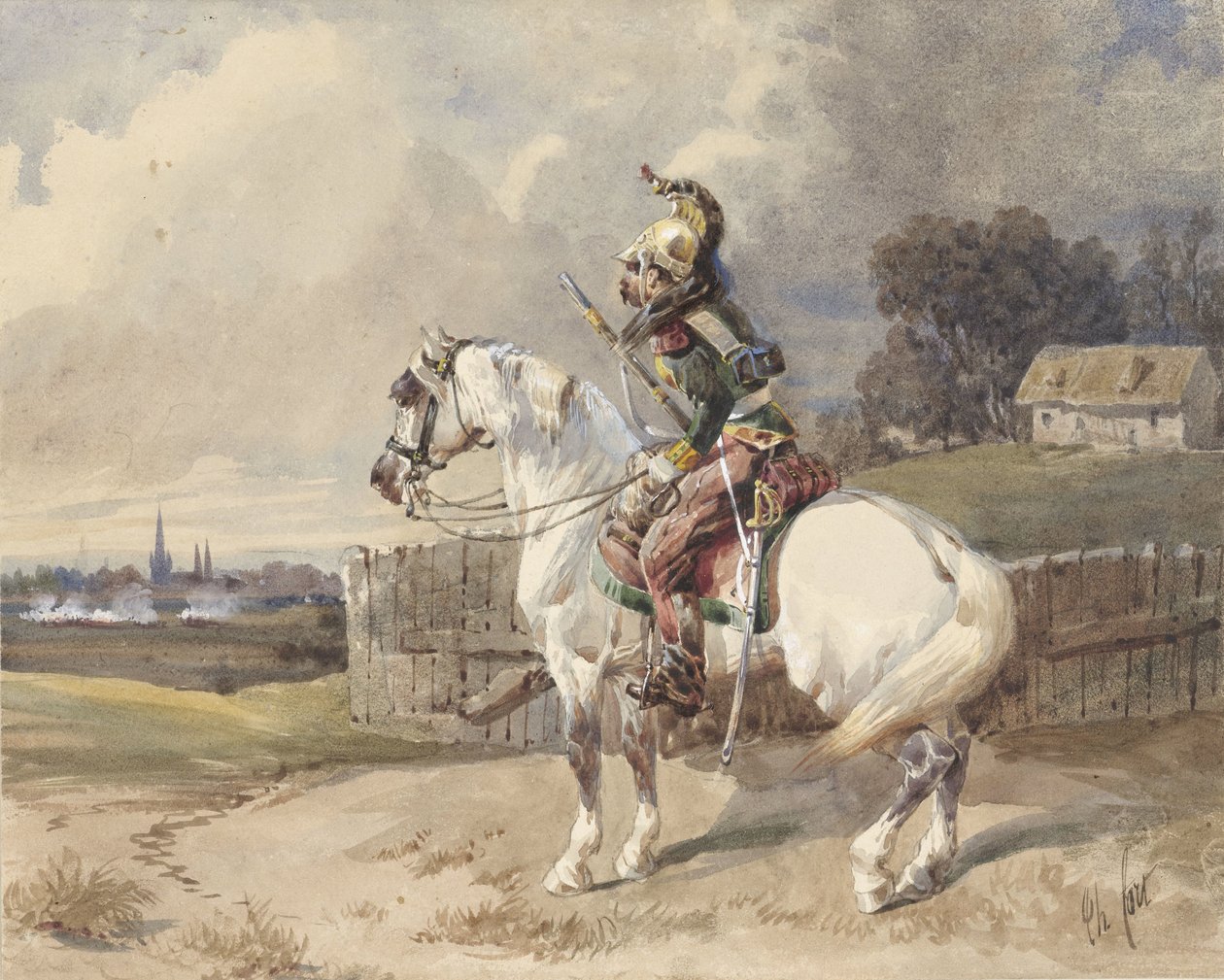 Dragon français sur un cheval blanc, tourné à gauche, en profil - Théodore Fort (signed by artist)