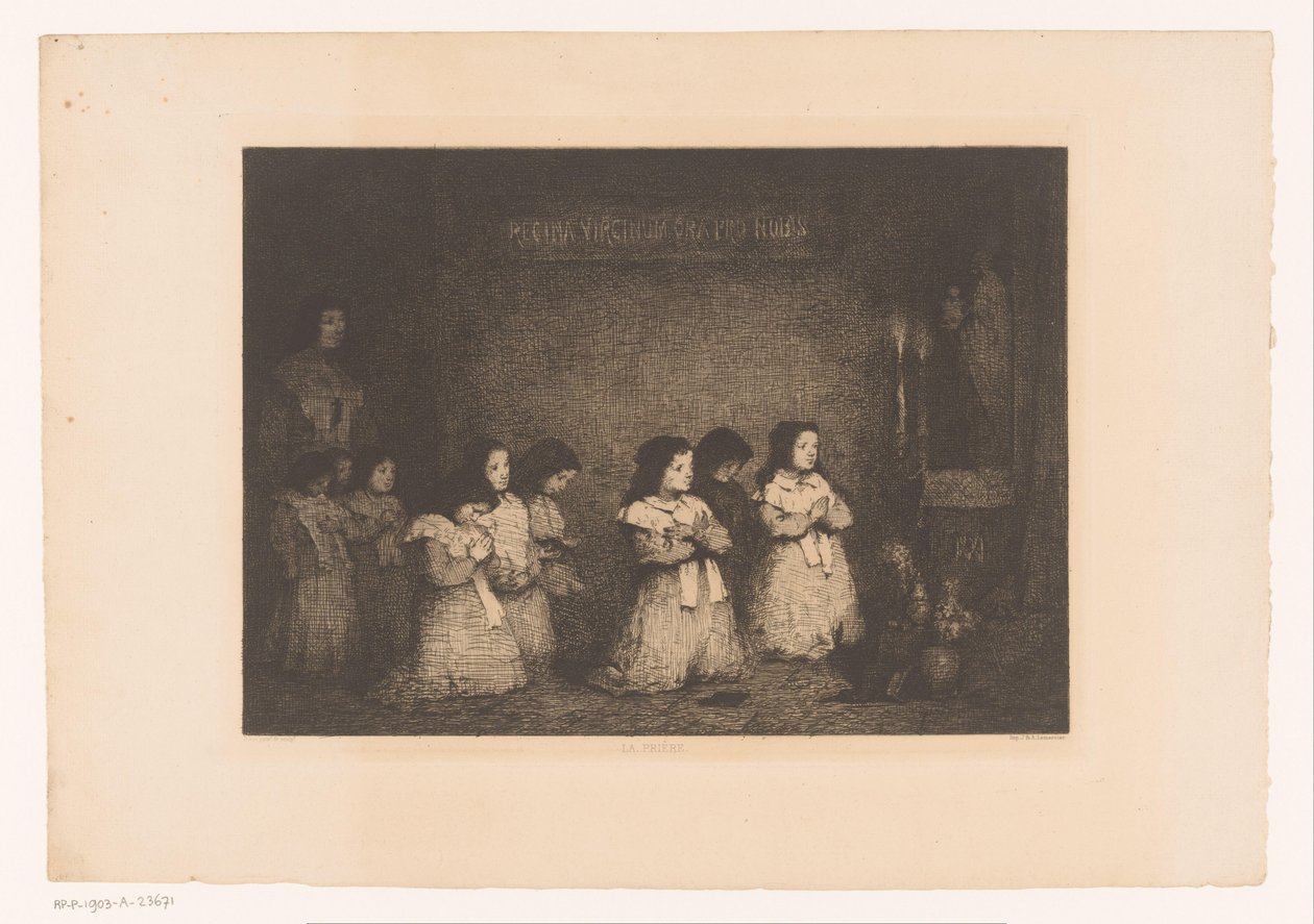 Groupe de filles en prière devant une statue de Marie - Théodule Augustin Ribot