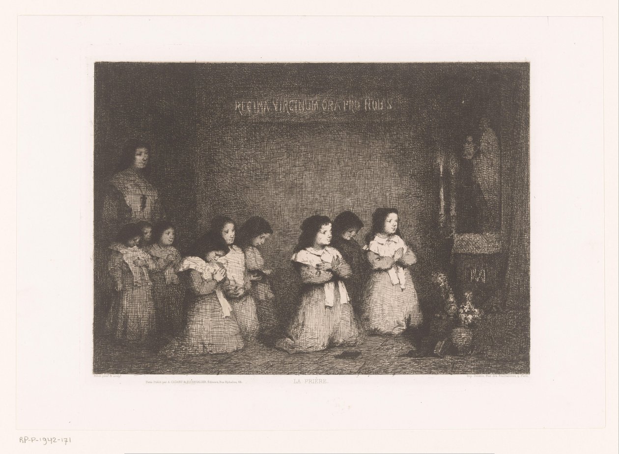 Groupe de filles en prière devant une statue de Marie (La Prière, Eaux-Fortes Modernes: Originales et Inédites) - Théodule Augustin Ribot