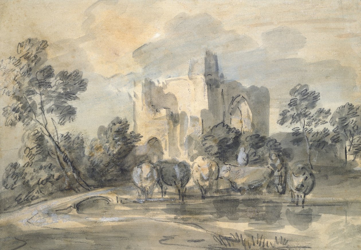 Paysage avec un Château en ruine, et du Bétail près d
