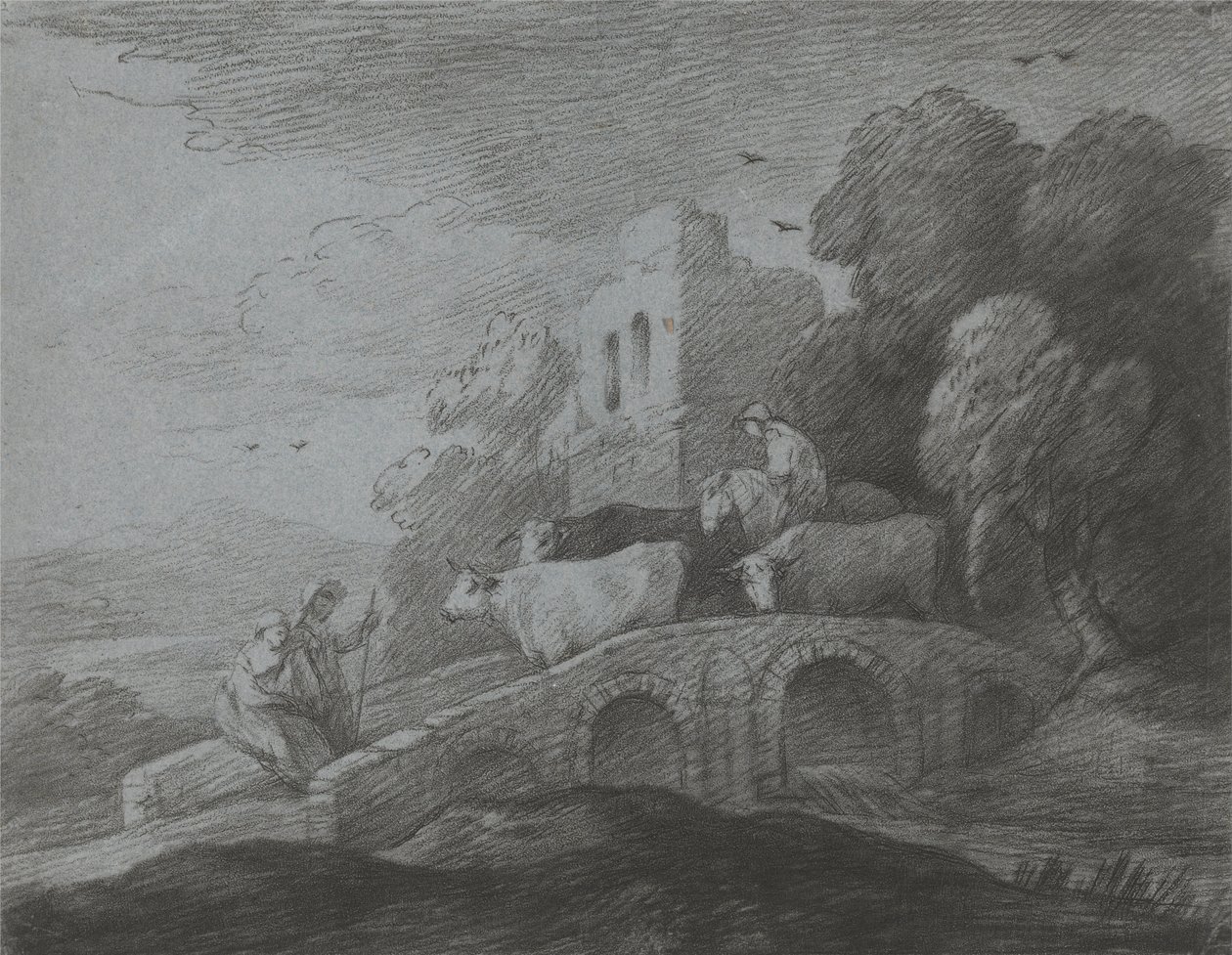 Paysage boisé avec un berger conduisant du bétail sur un pont, des amoureux rustiques et un château en ruine - Thomas Gainsborough