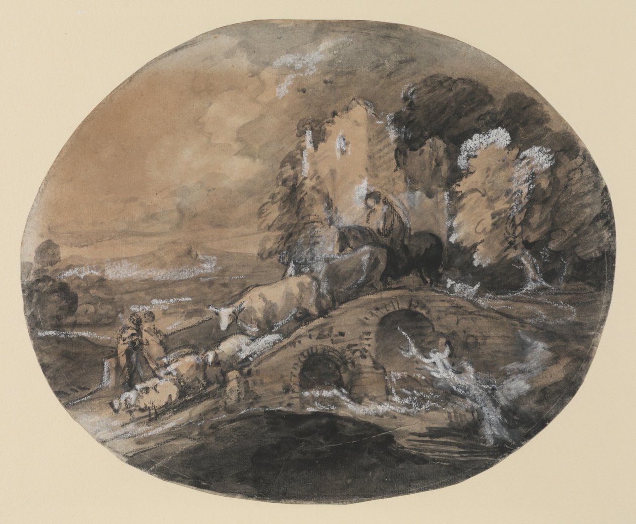 Paysage boisé avec berger conduisant du bétail sur un pont, paysans et château en ruine, 1781 - Thomas Gainsborough