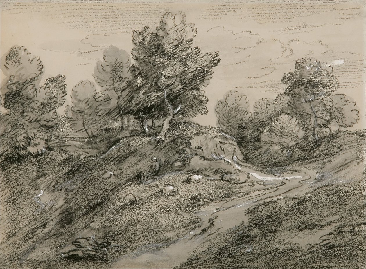 Paysage de haute terre boisée avec berger et moutons et chemin de campagne autour d