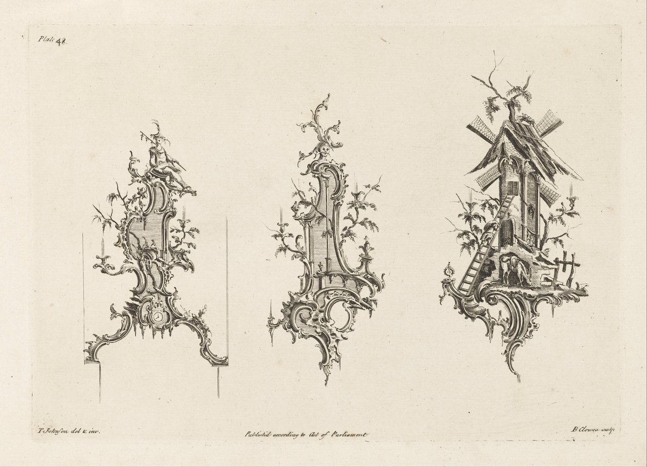 Trois designs pour appliques murales dans le goût chinois, planche 48 dans Cent cinquante nouveaux designs - Thomas Johnson