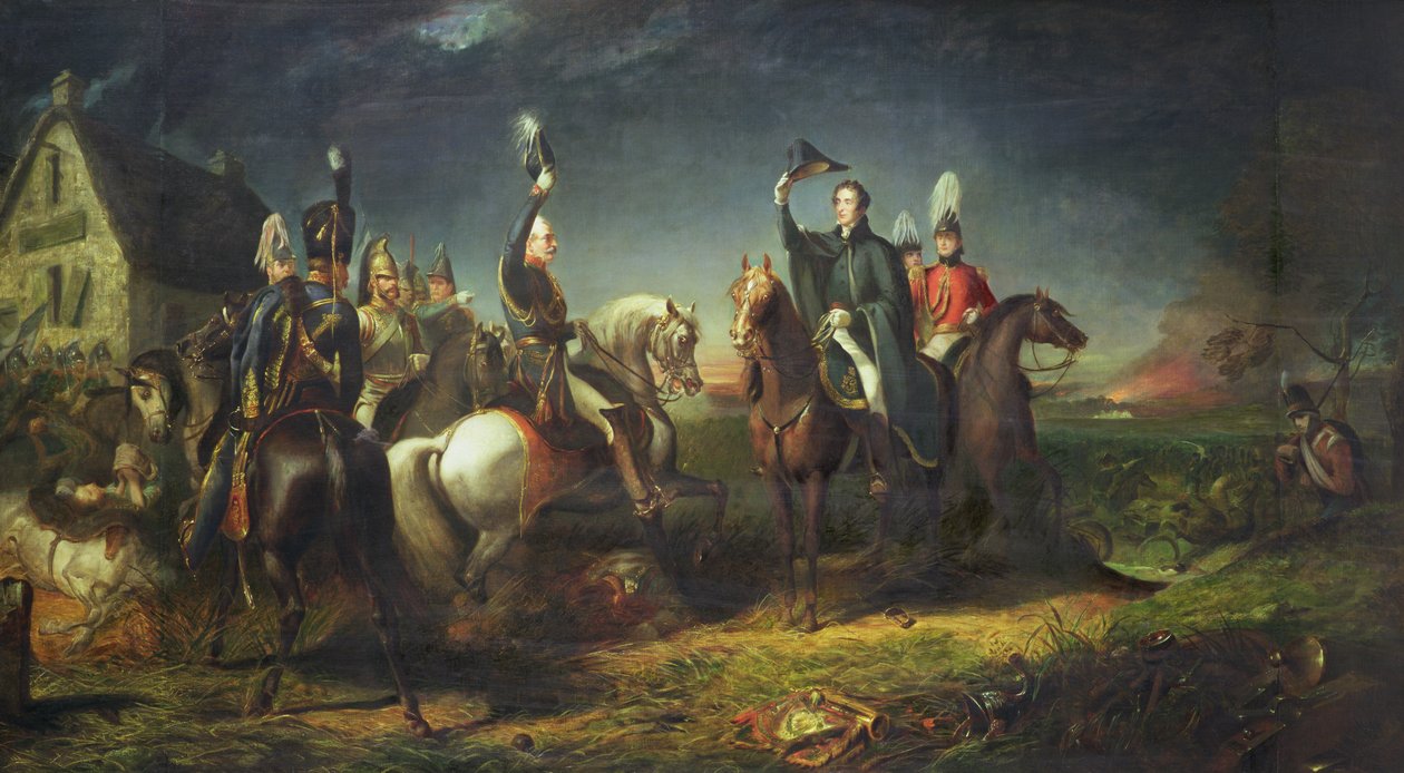 La rencontre du duc de Wellington et du maréchal Blucher le soir de la victoire de Waterloo à La Belle Alliance - Thomas Jones