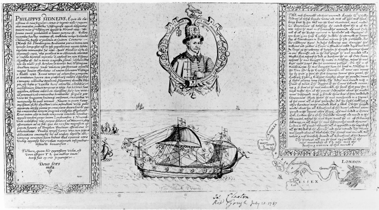 La Pinnace Noire ramenant le corps de Sir Philip Sidney à Londres, publié en 1588 - Thomas Lant