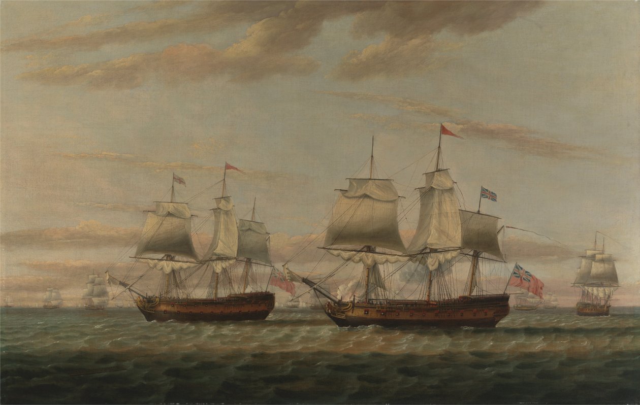 Un Indiaman et un deux-ponts à la dérive, dit être Thomas Dumar, Esq. dans le navire H.M. Portland livrant... - Thomas Luny