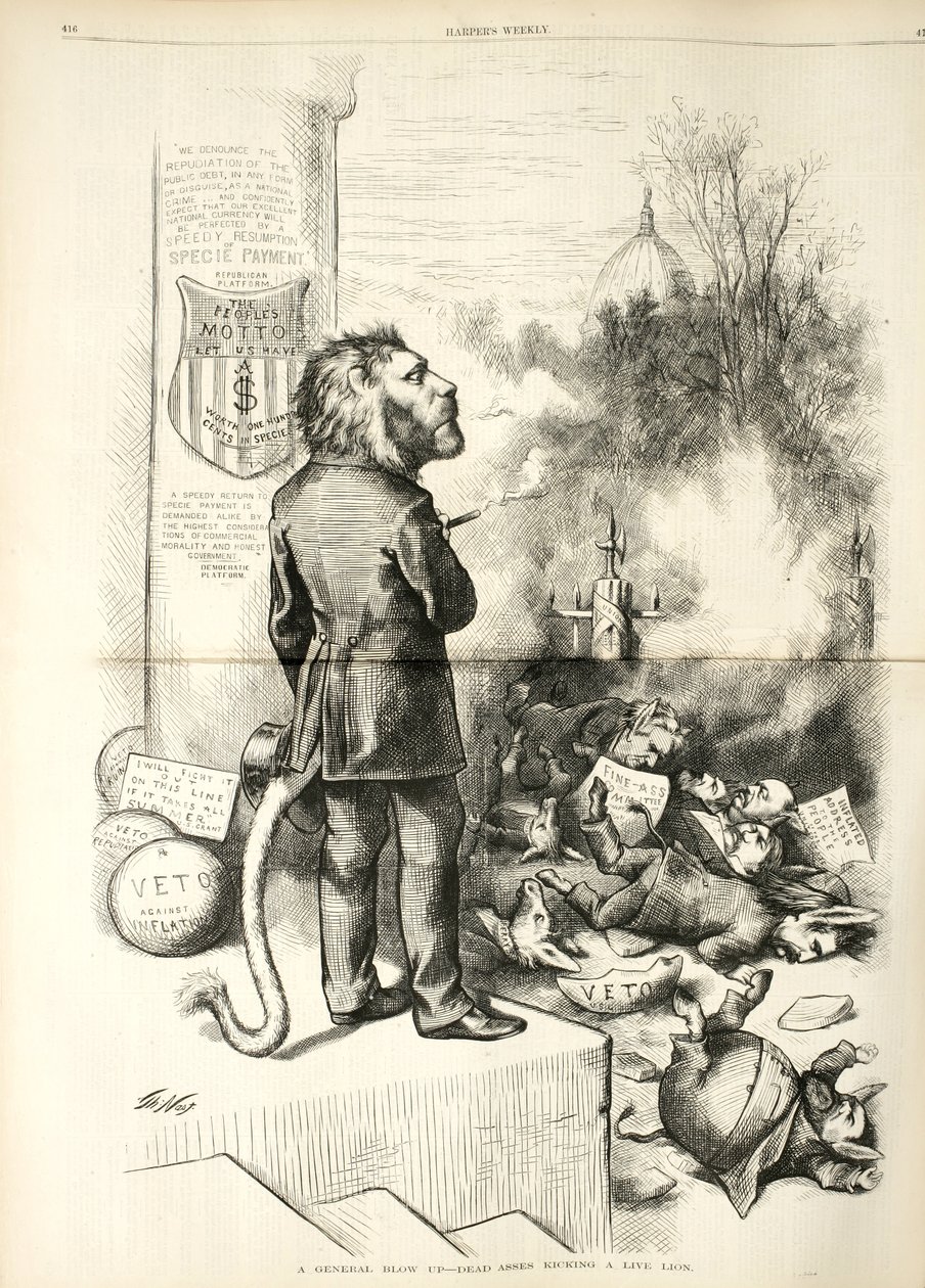 Une explosion générale - Des ânes morts donnant des coups de pied à un lion vivant, 1874 (gravure sur bois) - Thomas Nast