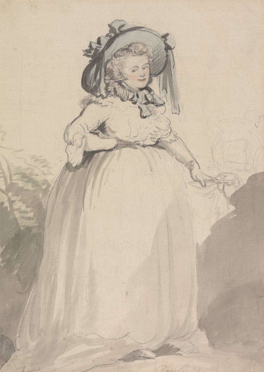 Une dame en robe blanche, portant un chapeau bleu - Thomas Rowlandson