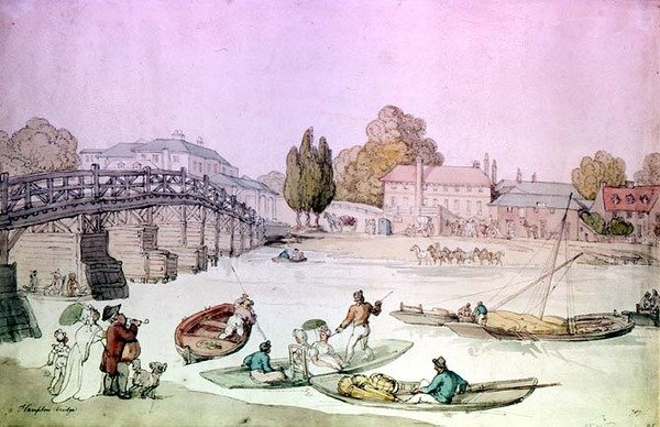 Pont de Hampton avec barques et péniches - Thomas Rowlandson