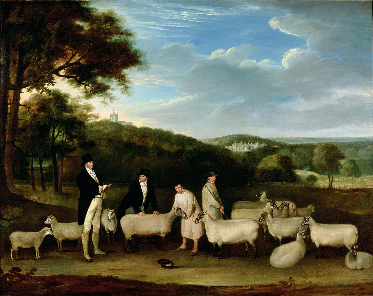 Portrait de Thomas William Coke, Esq. (1752-1842) inspectant quelques-uns de ses moutons South Down avec M. Walton et les bergers de Holkham - Thomas Weaver