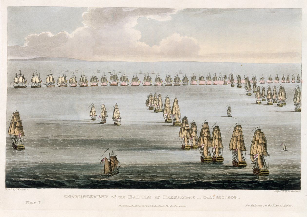Début de la bataille de Trafalgar, 21 octobre 1805, gravé par Thomas Sutherland pour 