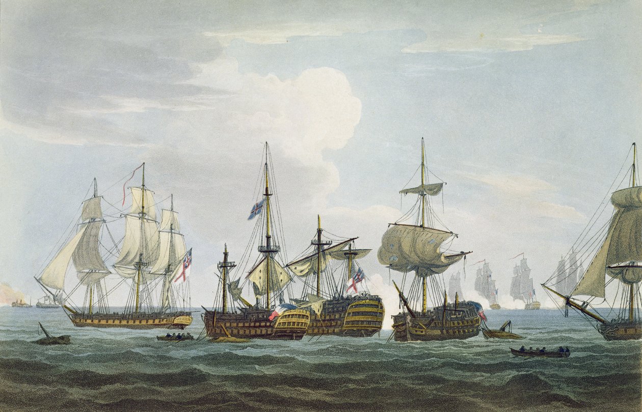 Situation du HMS Temeraire à la bataille de Trafalgar le 21 octobre 1805, gravé par T. Sutherland pour 