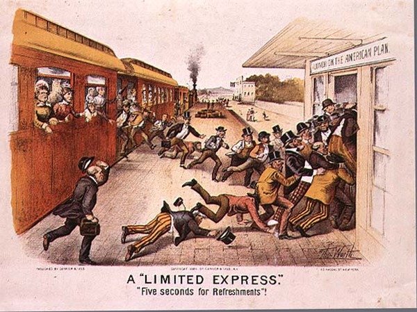 Un express limité, cinq secondes pour les rafraîchissements, pub. par Currier et Ives à New York, 1884 - Thomas Worth