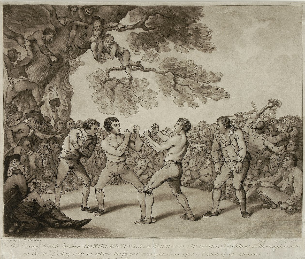 Le match de boxe entre Daniel Mendoza et Richard Humphreys à Stilton, Huntingdonshire, 6 mai 1789, gravé par Joseph Grozer - Thomas (after) Rowlandson