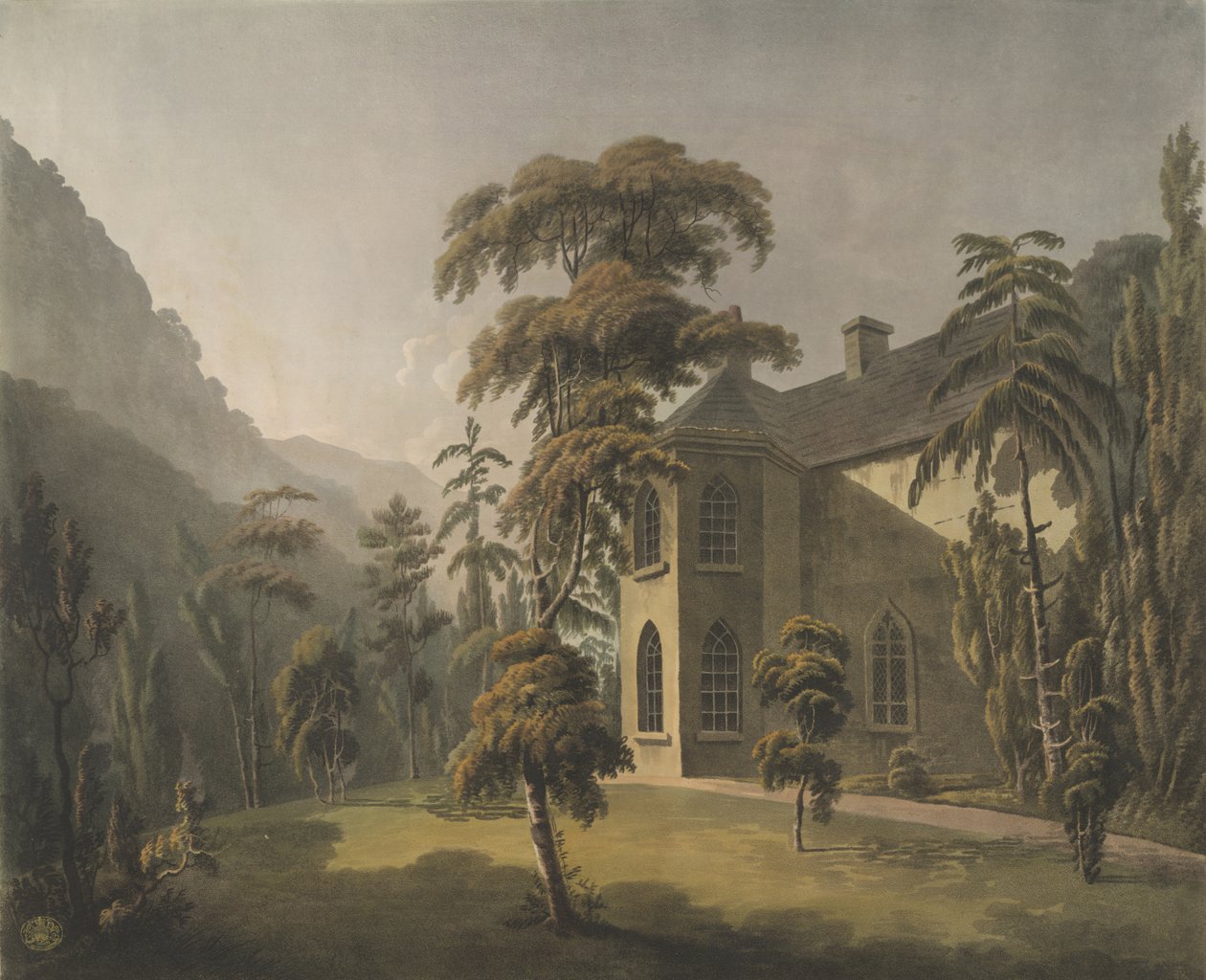 Cette vue dans la vallée de Llangollen, Plas Newydd avec la fenêtre de la bibliothèque donnant sur le jardin - Thomas (after) Walmsley