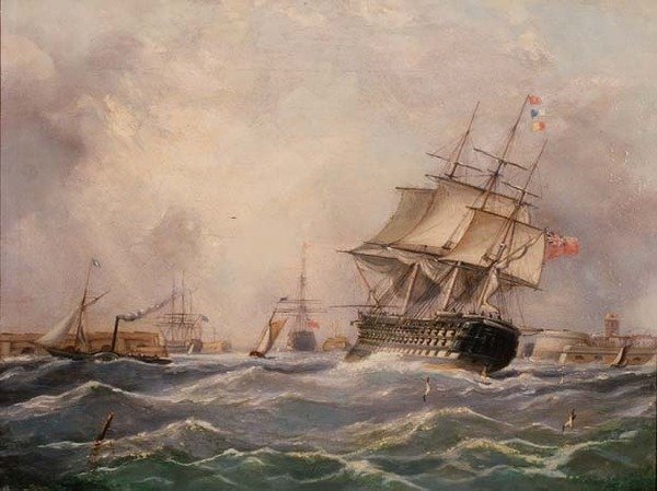 Navire de guerre britannique au large de Portsmouth - Thomas (attr. to) Buttersworth
