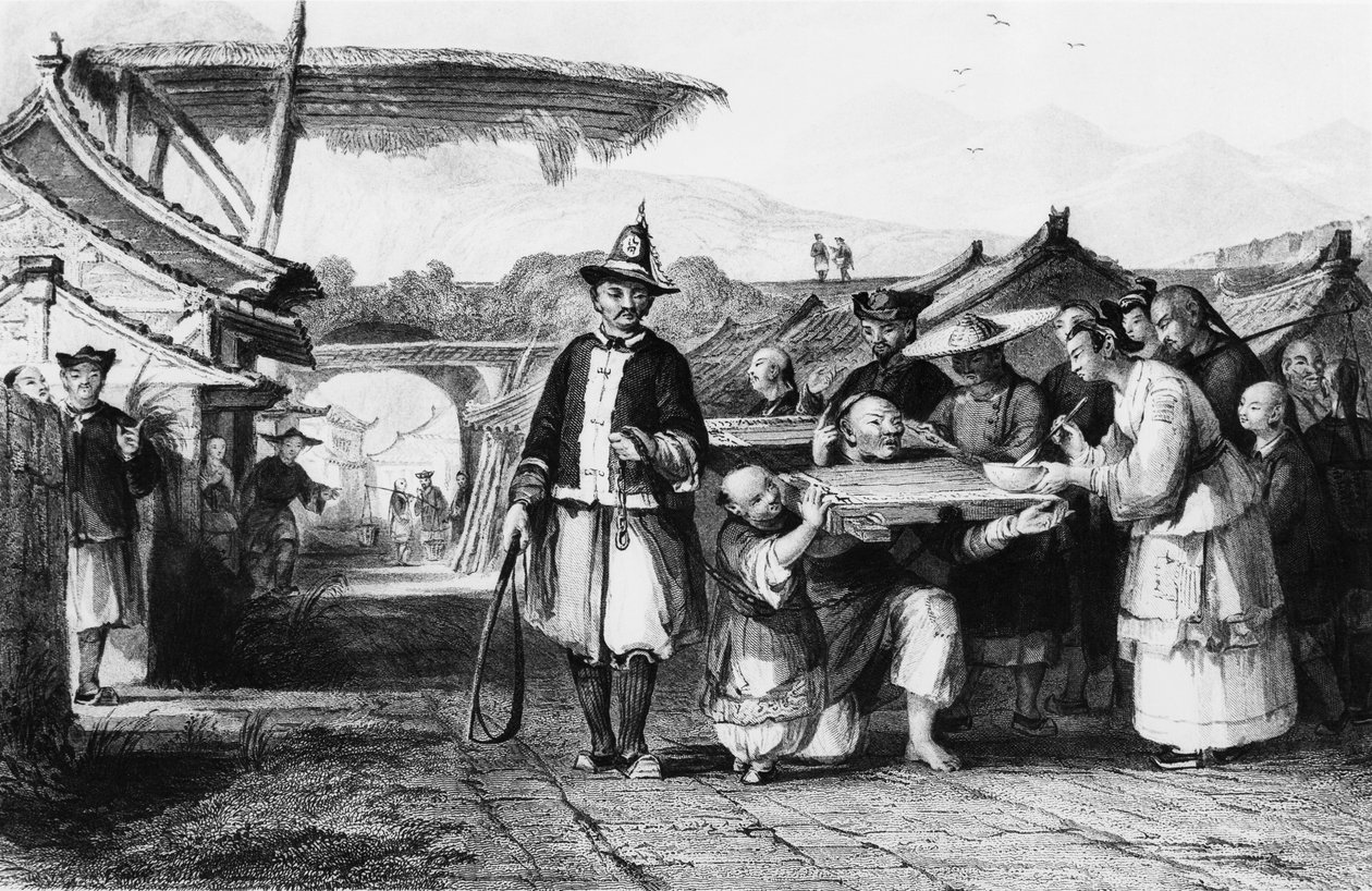Punition avec tcha ou cangue (joug ou pilori en bois), gravure de Thomas Allom de l