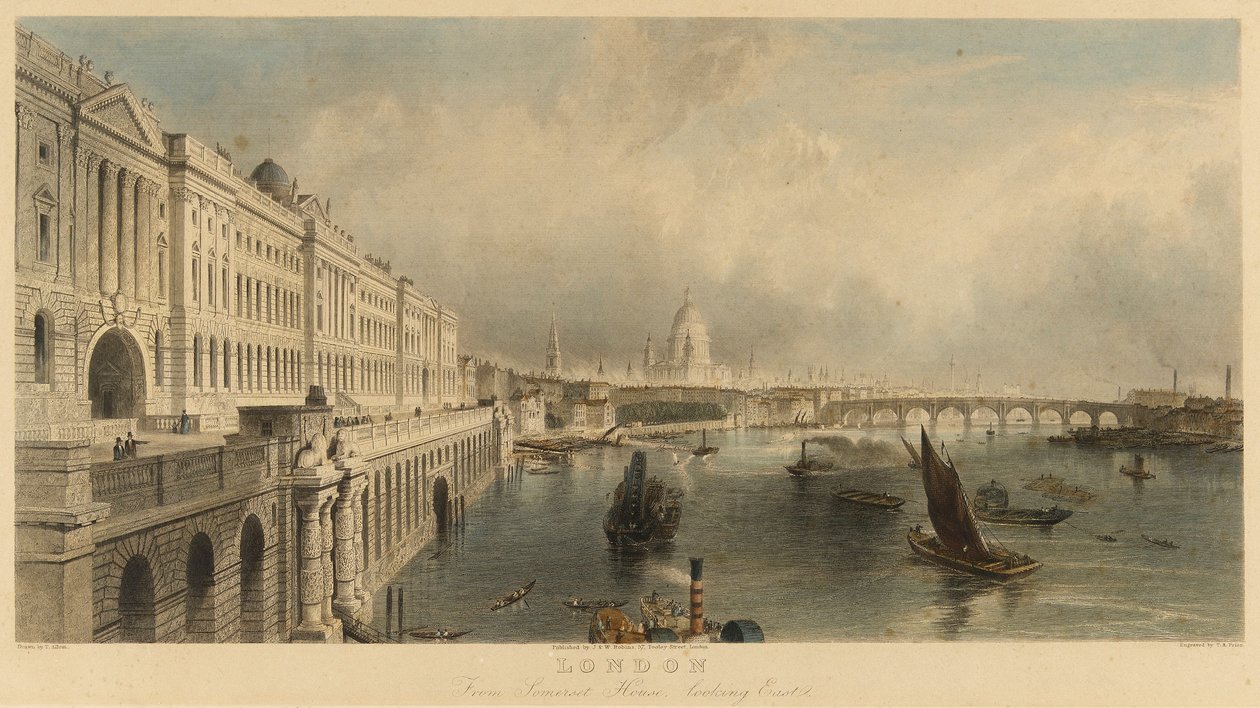 Vue de Londres, Angleterre, depuis le bâtiment marin de Somerset House, avec la cathédrale Saint-Paul et le pont de Londres - Thomas Allom