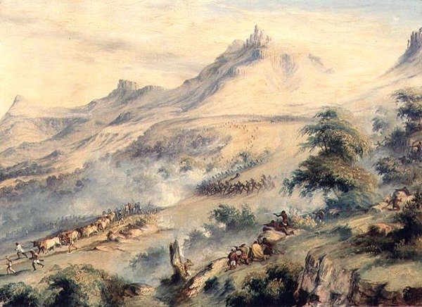 Une patrouille sous le commandement du capitaine Fisher chargée par les Kaffirs de Macoma à Van Beulens Hoek Kat River, vers 1846 - Thomas Baines