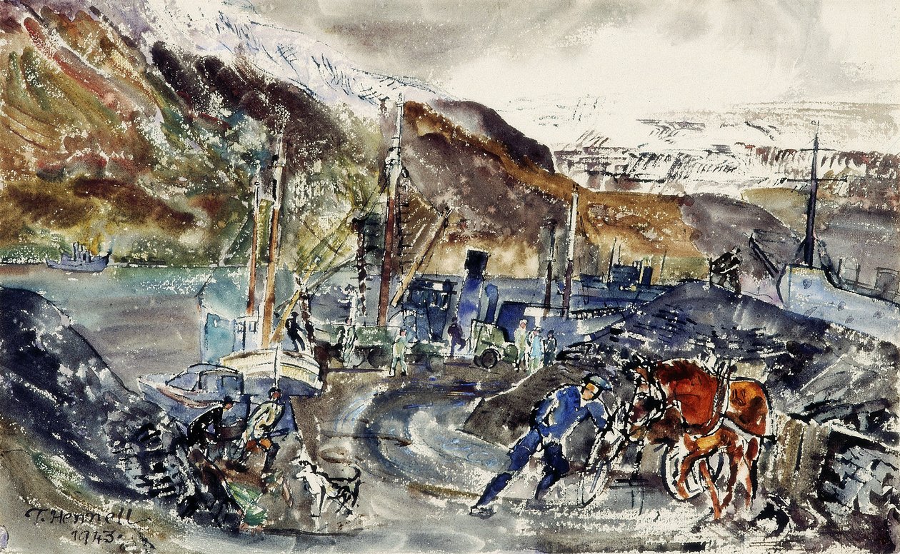 Chariot de charbon local et chalutiers, Seydisfjordur, Islande - Thomas Barclay Hennell