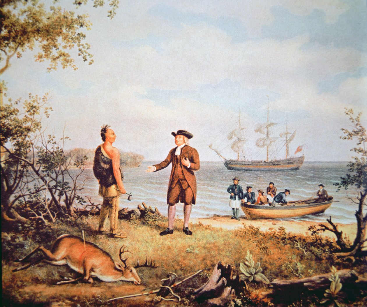 William Penn arrive en Amérique pour la première fois et rencontre un Amérindien en 1682 - Thomas Birch