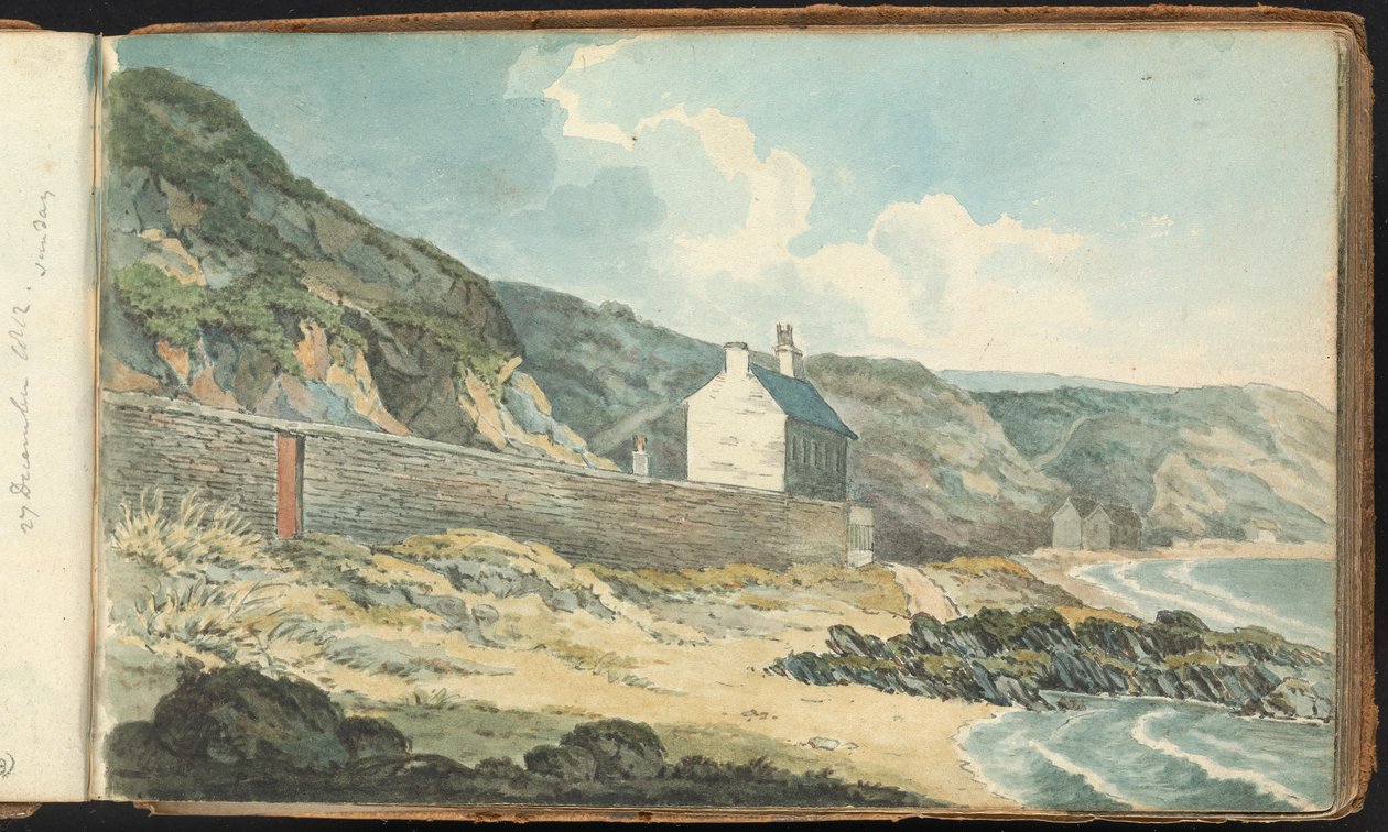 Album de dessins de paysages et de figures : Maisons sur un rivage rocheux - Thomas Bradshaw