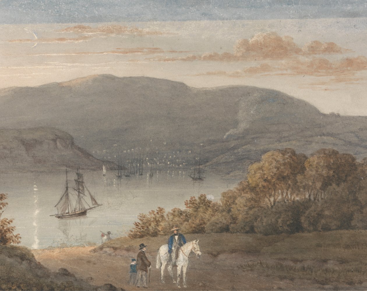Port Louis depuis La Petite Montagne (crépuscule) avec un cavalier et des personnages au premier plan - Thomas Bradshaw