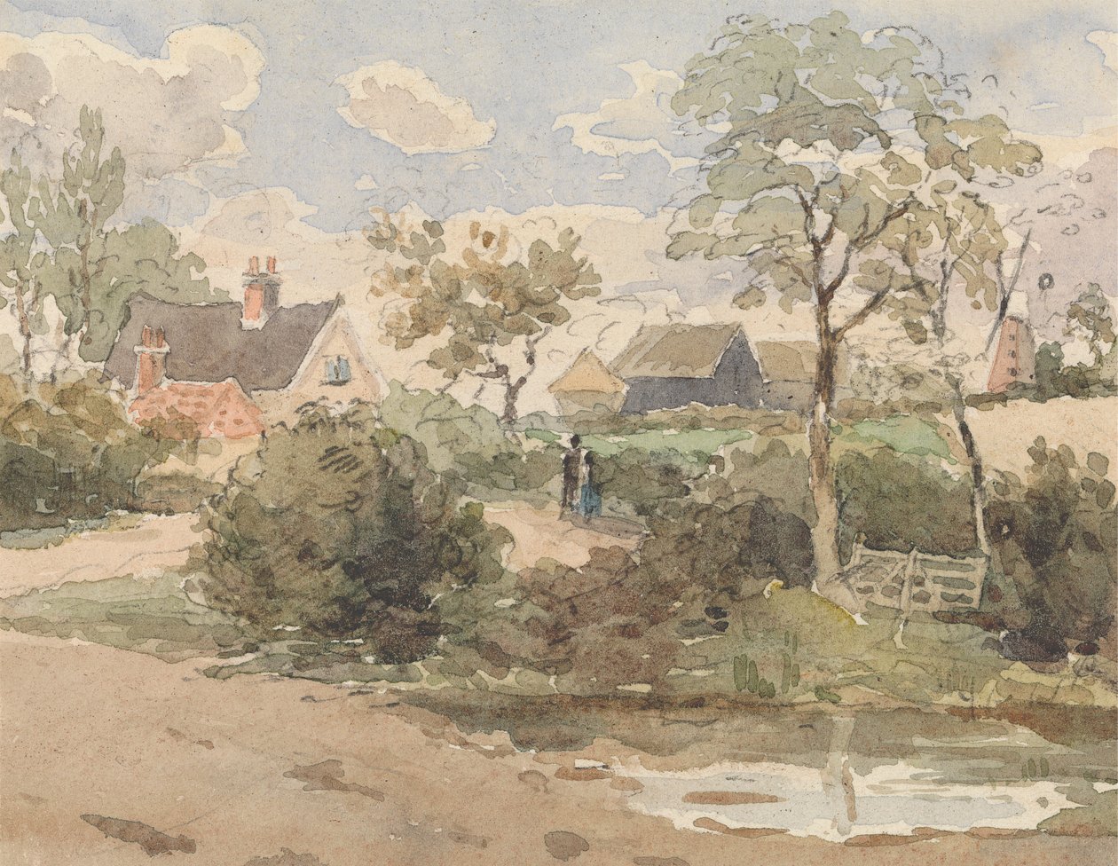Paysage de campagne avec cottage, moulin à vent, granges et personnages avec étang au premier plan - Thomas Churchyard