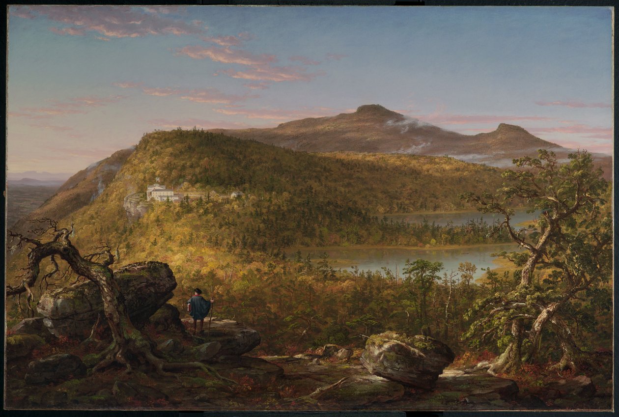 Vue des deux lacs et de la maison de montagne, Catskill Mountains, matin - Thomas Cole