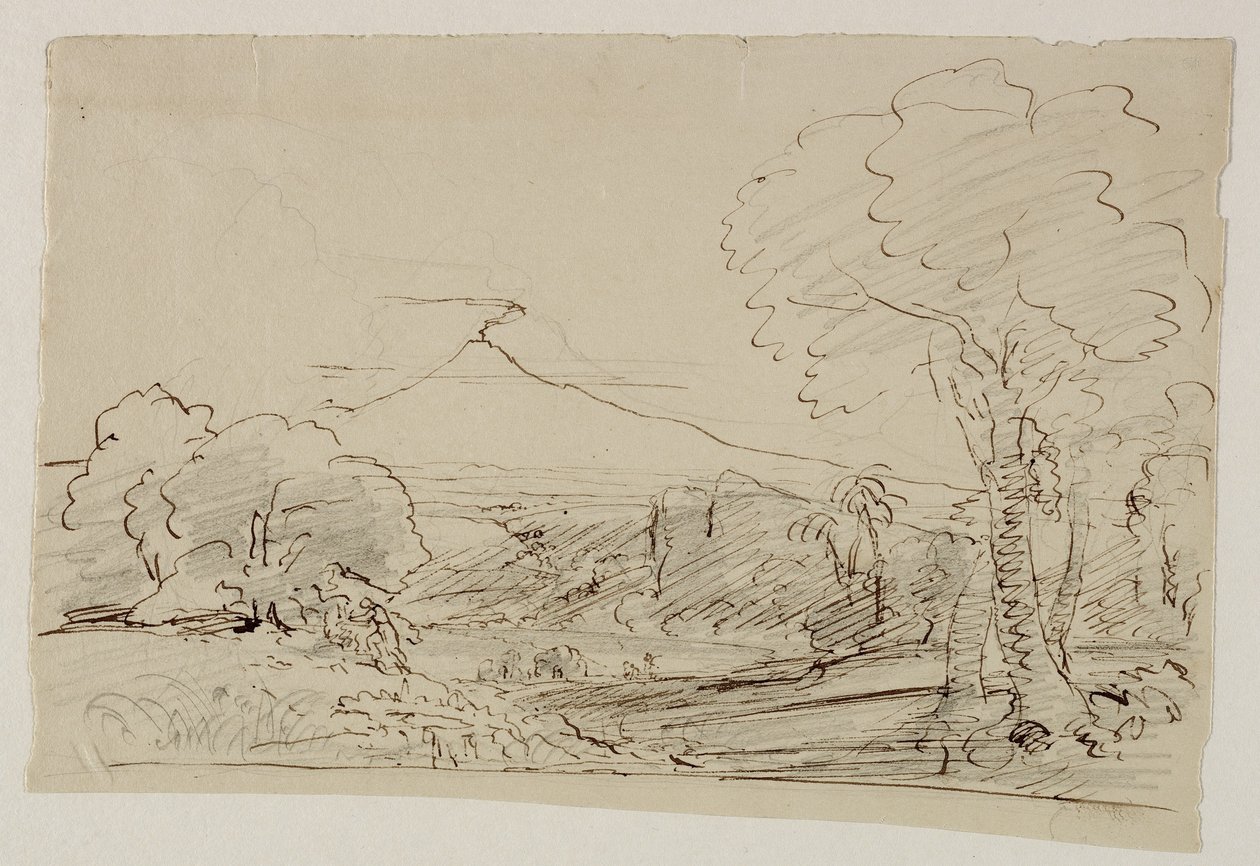 Volcan, lac, figure chassant - Thomas Cole