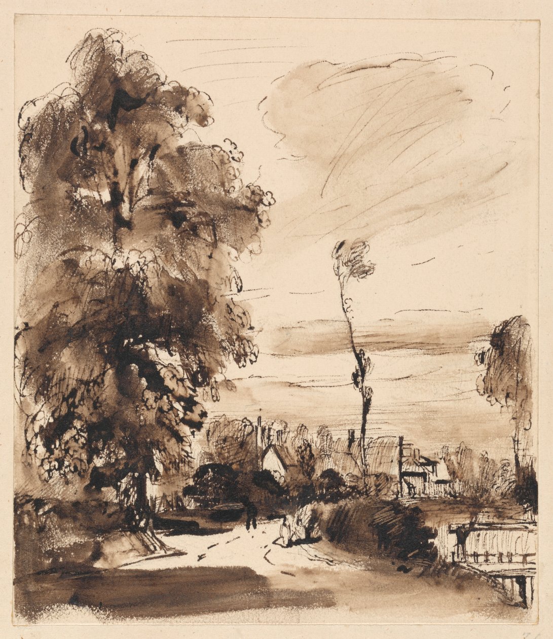 Un chemin de campagne avec des cottages - Thomas Creswick
