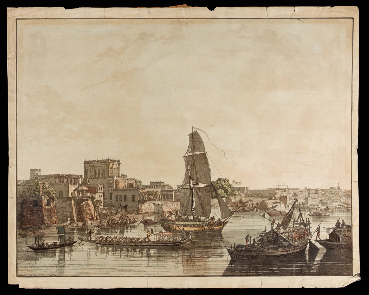 Calcutta depuis la rivière Hoogly : Bâtiments Gentoo des Vues de Calcutta, 1788 - Thomas Daniell