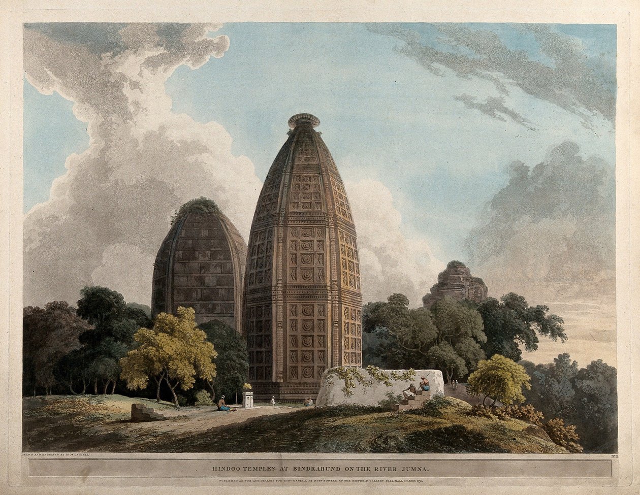 Temples hindous à Bindrabund sur la rivière Jumna - Thomas Daniell
