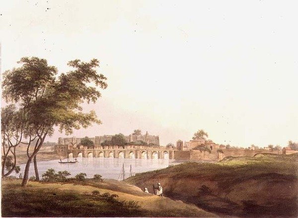 Le pont de Juonpore, Bengale, gravé par H. Merke, publié par Edward Orme, 1804 - Thomas Daniell
