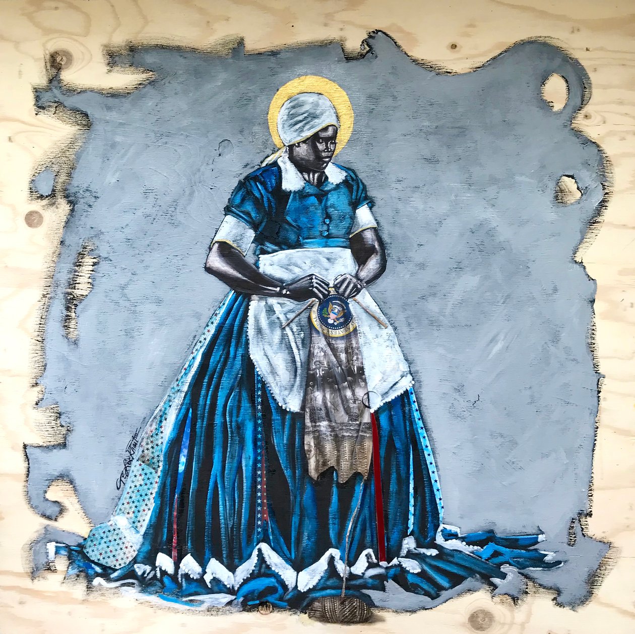 Tricoteuse visionnaire, 2018 (technique mixte sur bois) - Thomas Elias Lockhart