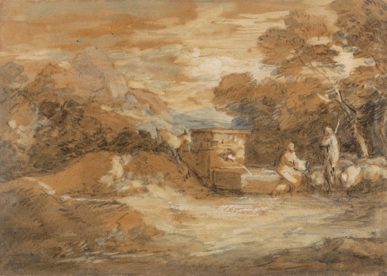 Paysage de montagne avec figures, moutons et fontaine - Thomas Gainsborough