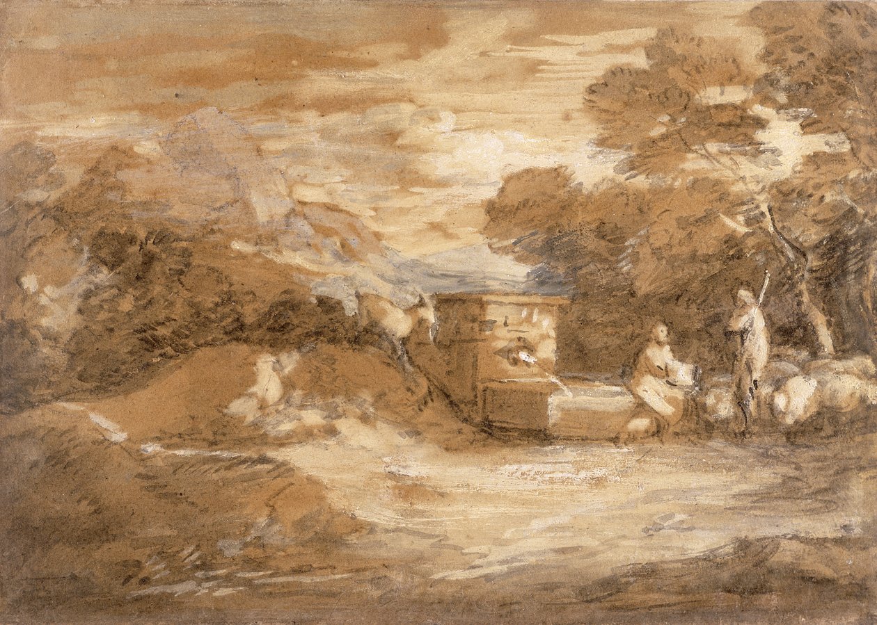 Paysage de montagne avec figures, moutons et fontaine - Thomas Gainsborough