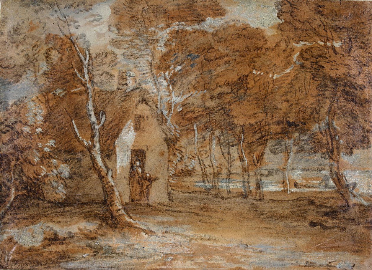 Paysage boisé, cottage, personnages et bateau sur le lac, 1783-1785 - Thomas Gainsborough