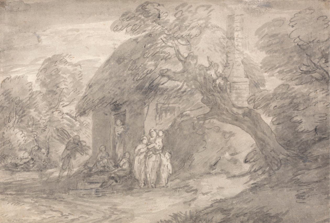 Paysage boisé avec figures devant une porte de cottage - Thomas Gainsborough