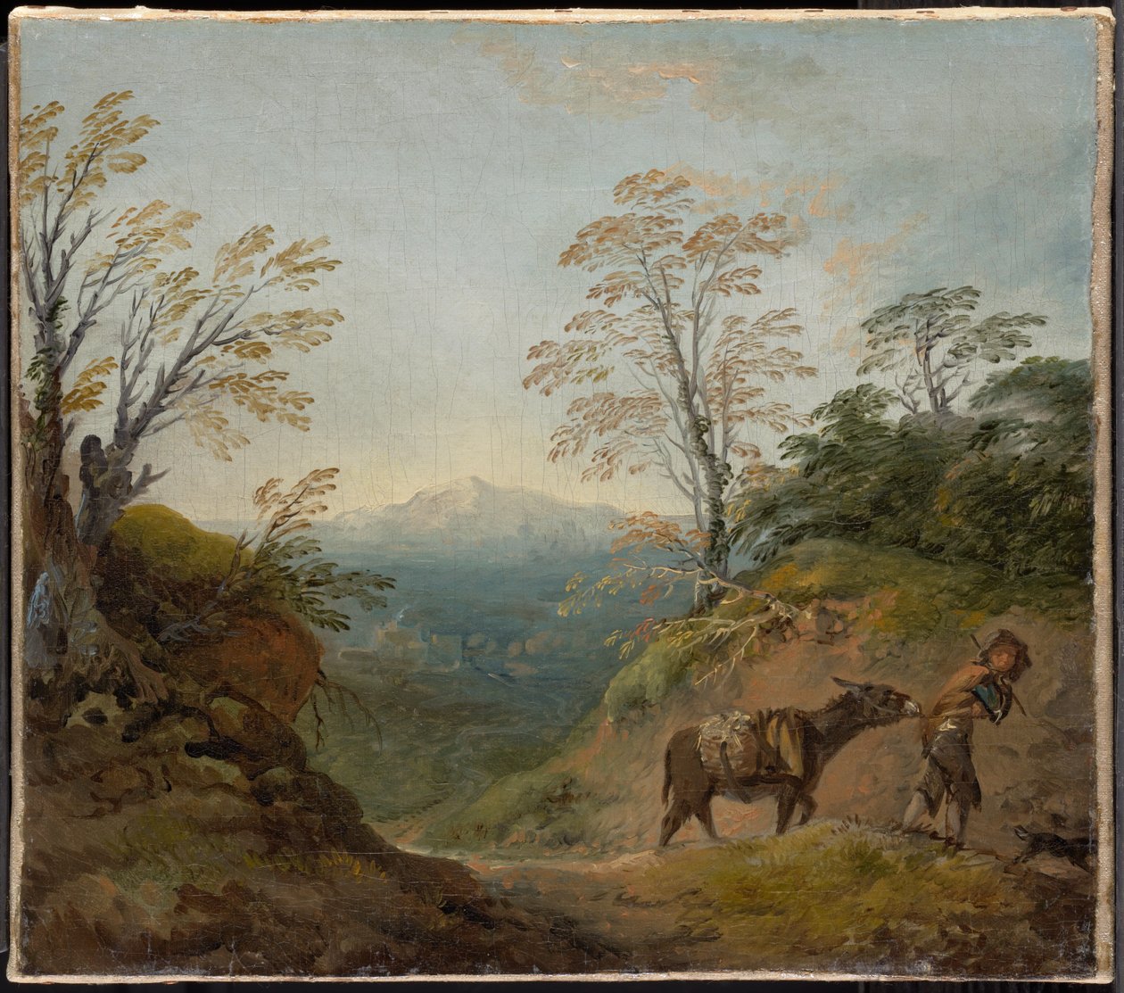Paysage boisé avec un garçon menant un âne et un chien, et un vaste panorama avec des bâtiments et des collines lointaines - Thomas Gainsborough