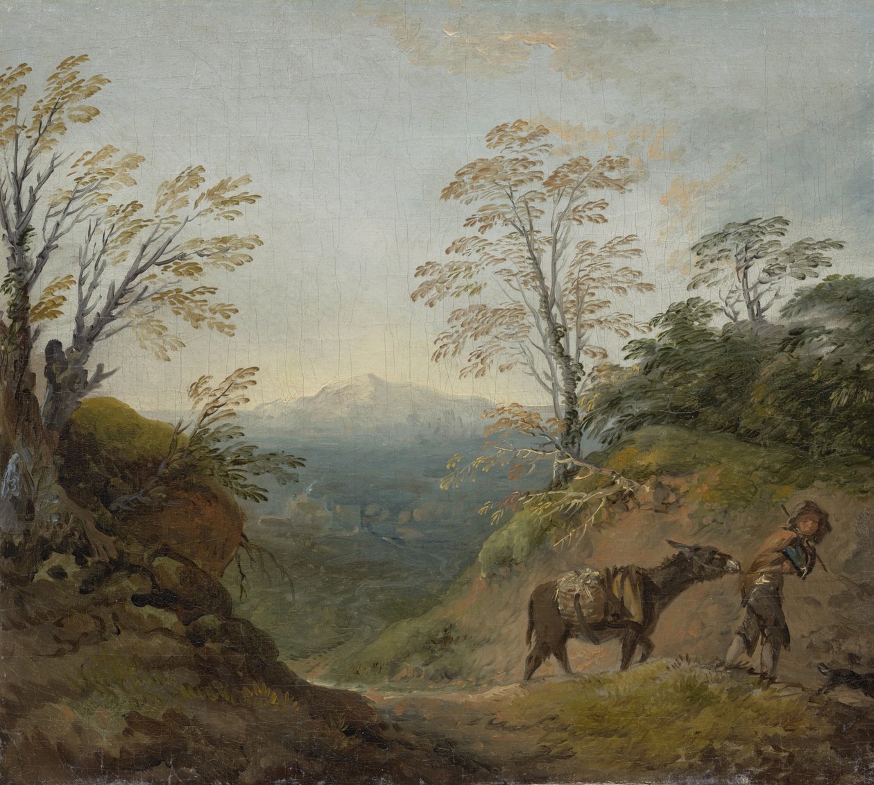 Paysage boisé avec un garçon menant un âne et un chien, et un panorama étendu avec des bâtiments et des collines lointaines, début des années 1760 - Thomas Gainsborough
