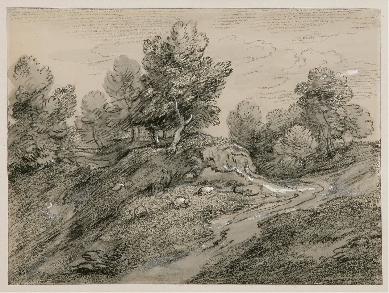 Paysage boisé de hautes terres avec berger, moutons et chemin de campagne contournant une colline - Thomas Gainsborough