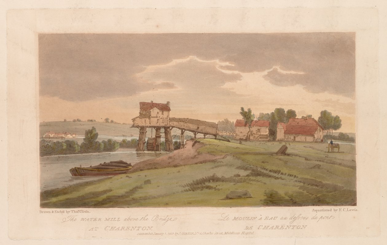 Sélection de vingt des vues les plus pittoresques de Paris : Le moulin à eau au-dessus du pont de Charenton - Thomas Girtin