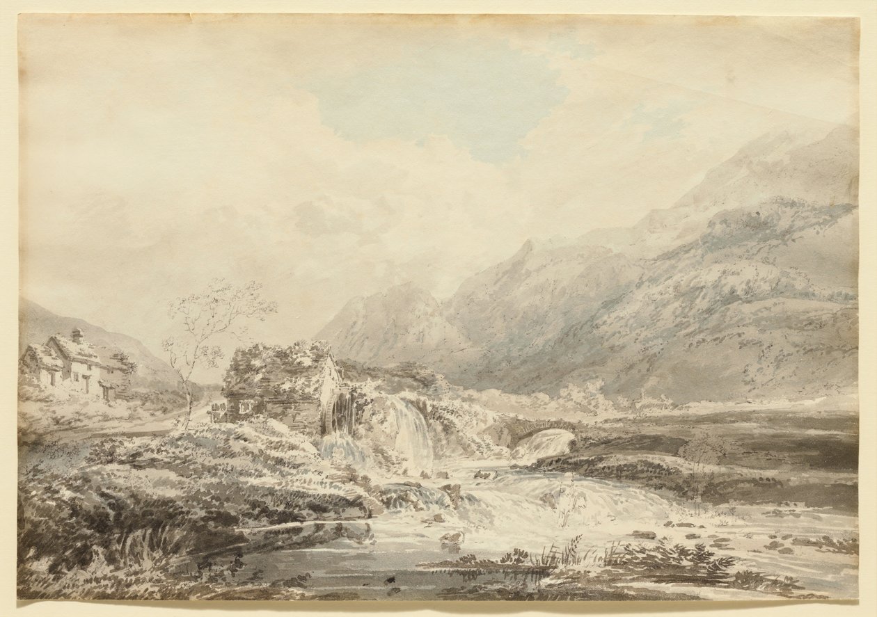Paysage montagneux avec moulin à roue par-dessus et pont - Thomas Girtin